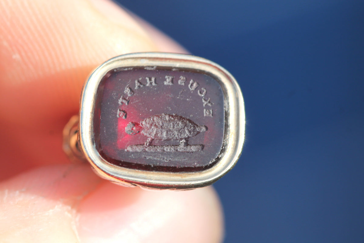 Antique Victorian Rolled Gold Tortoise “Excuse Haste” Red Glass Intaglio Seal c.1860 — view 12