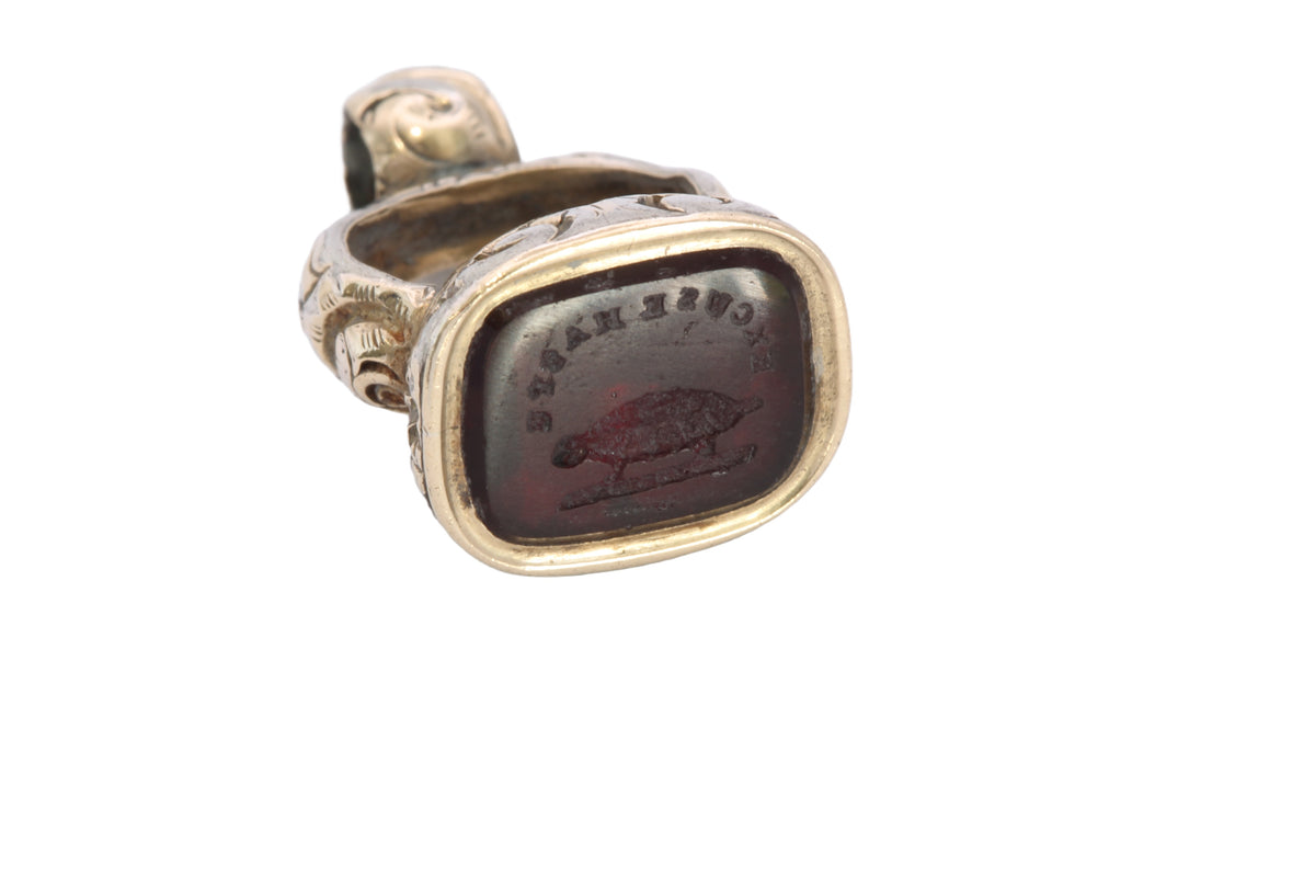 Antique Victorian Rolled Gold Tortoise “Excuse Haste” Red Glass Intaglio Seal c.1860 — view 15