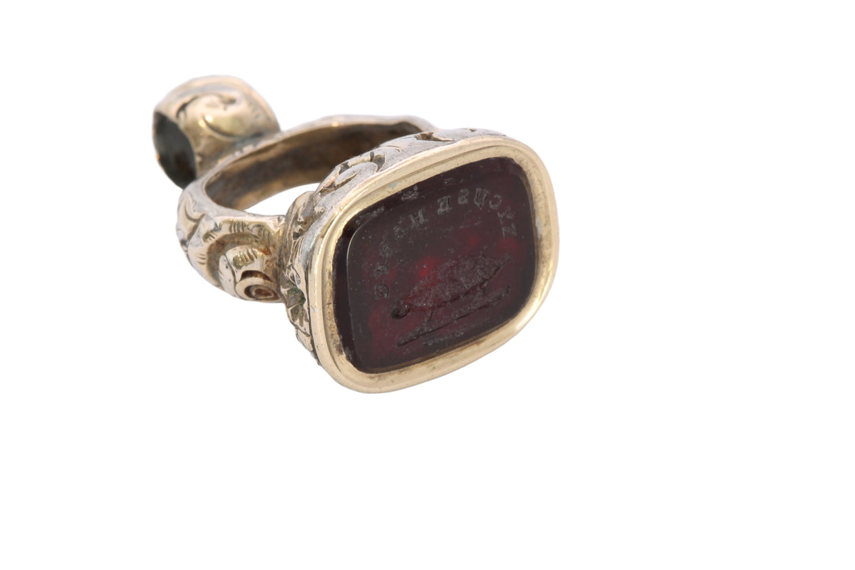 Antique Victorian Rolled Gold Tortoise “Excuse Haste” Red Glass Intaglio Seal c.1860 — view 17
