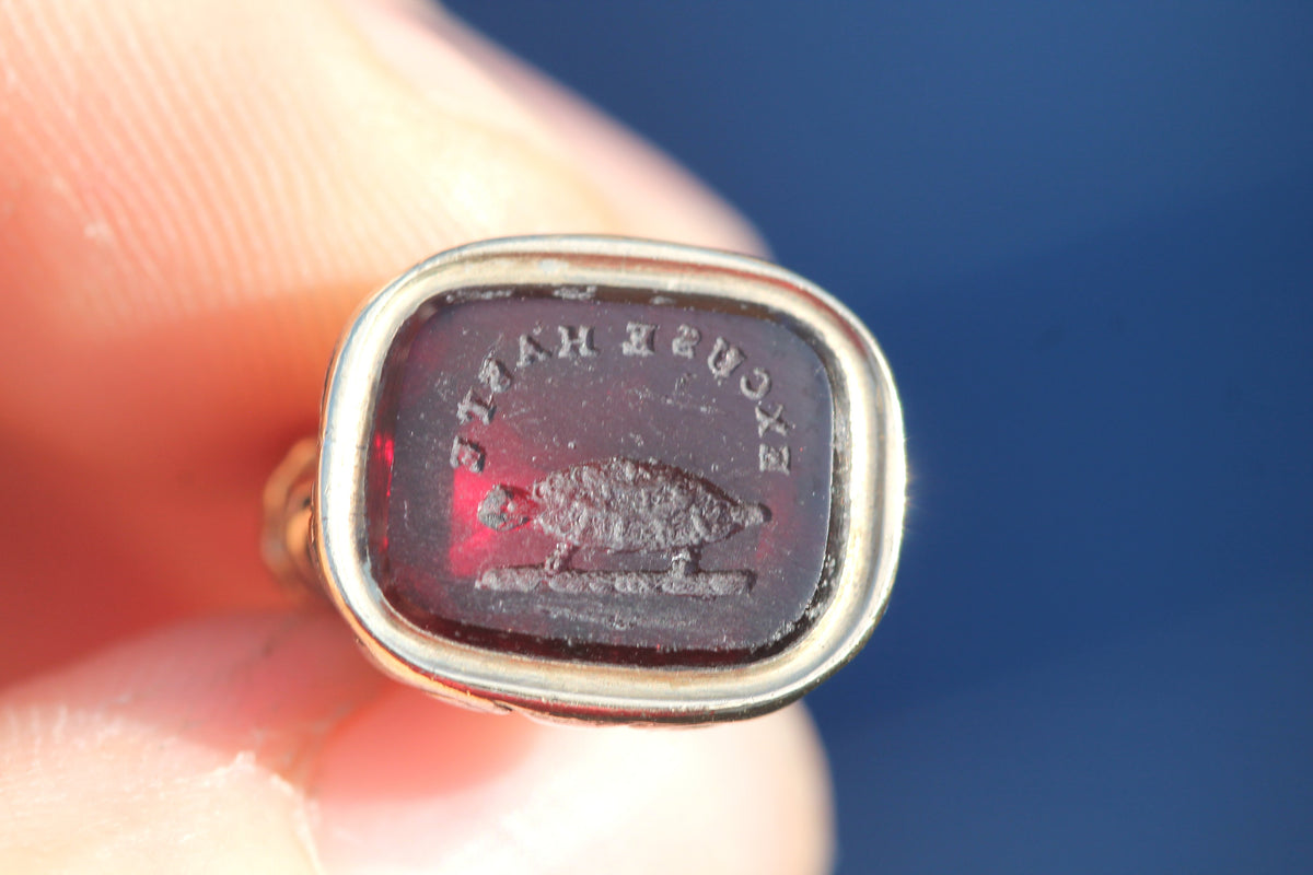 Antique Victorian Rolled Gold Tortoise “Excuse Haste” Red Glass Intaglio Seal c.1860 — view 19