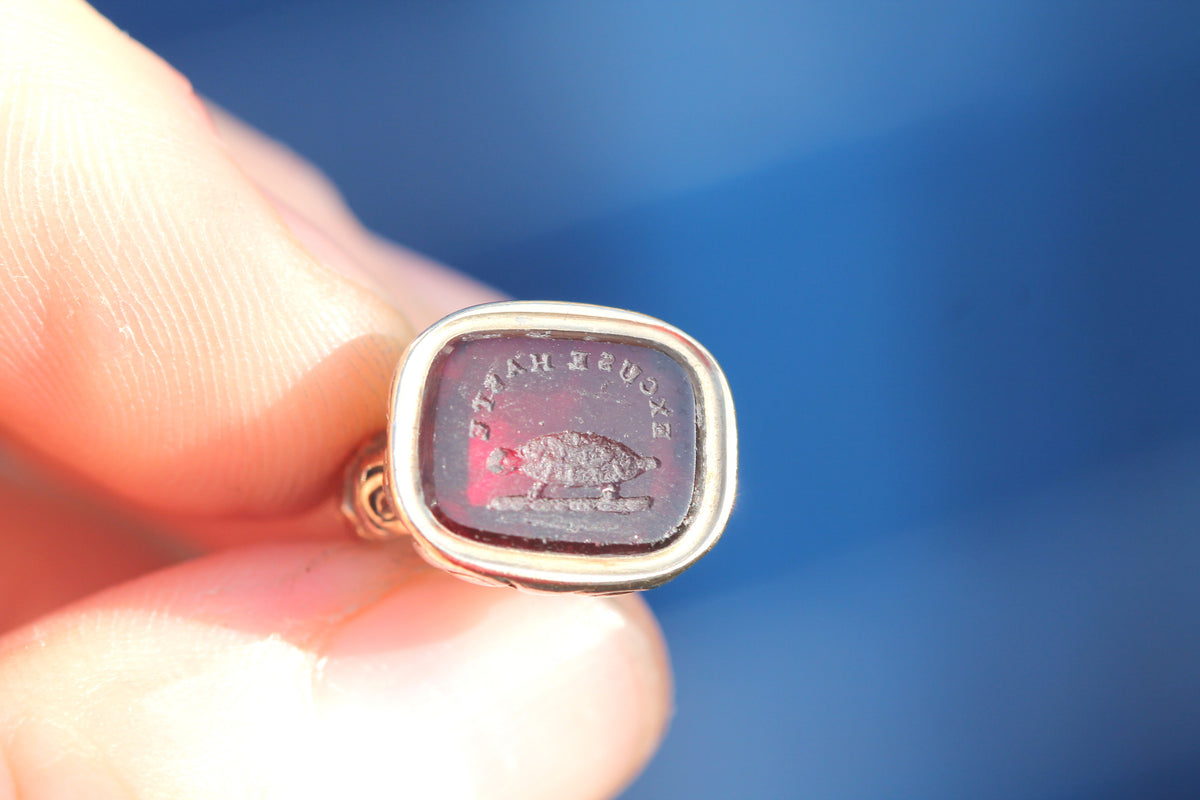 Antique Victorian Rolled Gold Tortoise “Excuse Haste” Red Glass Intaglio Seal c.1860 — view 20