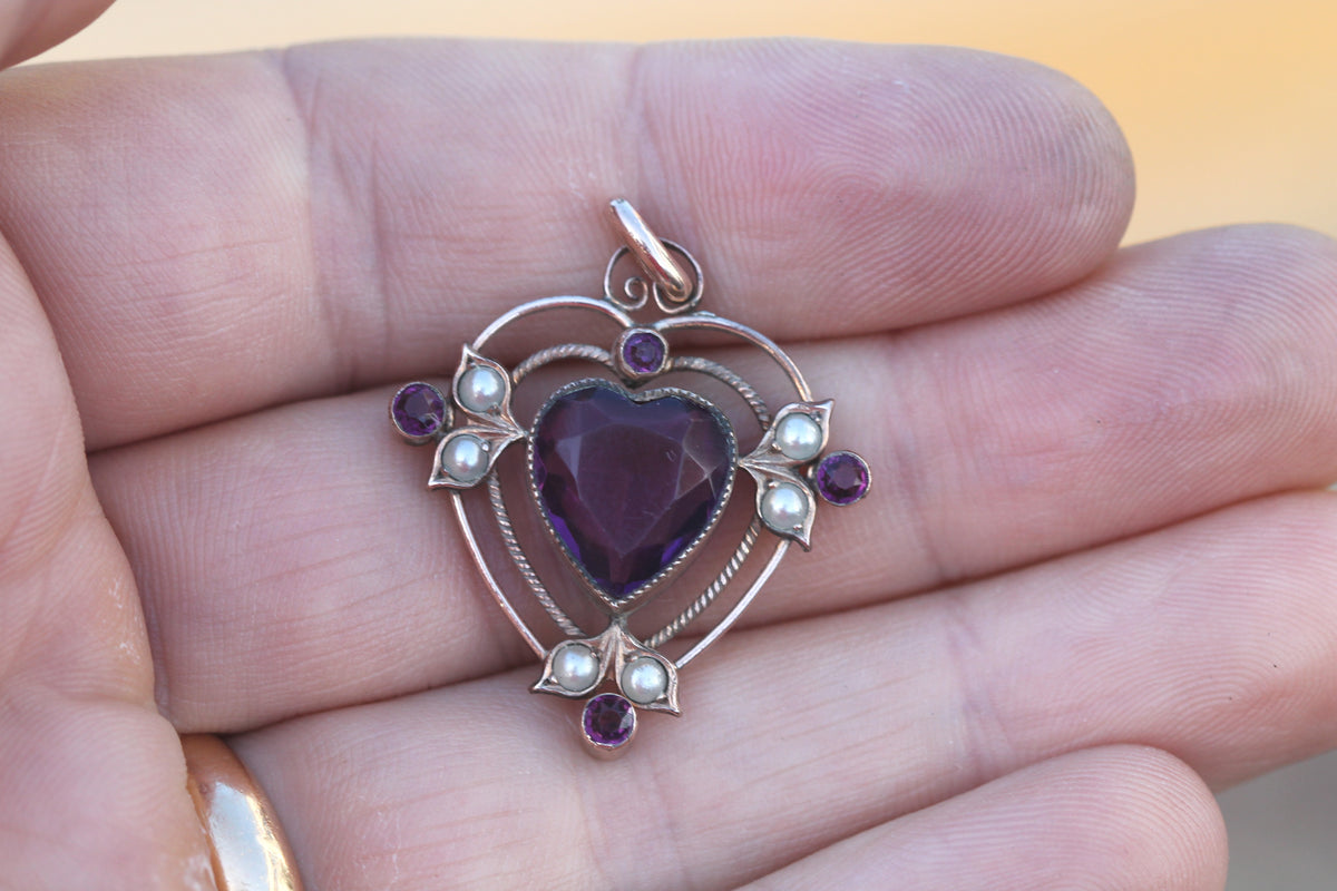 Antique Rolled Gold Purple Paste Heart & Seed Pearl Pendant c.1910 — view 5