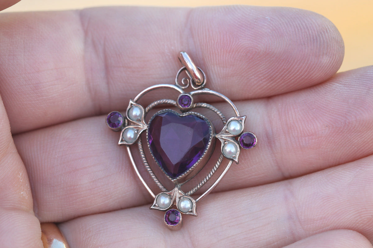Antique Rolled Gold Purple Paste Heart & Seed Pearl Pendant c.1910 — view 4