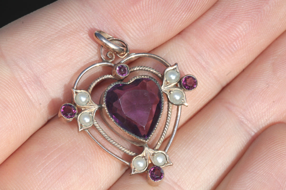 Antique Rolled Gold Purple Paste Heart & Seed Pearl Pendant c.1910 — view 6