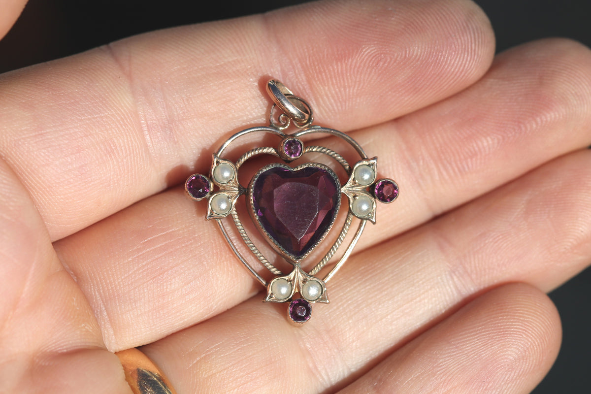 Antique Rolled Gold Purple Paste Heart & Seed Pearl Pendant c.1910 — view 7