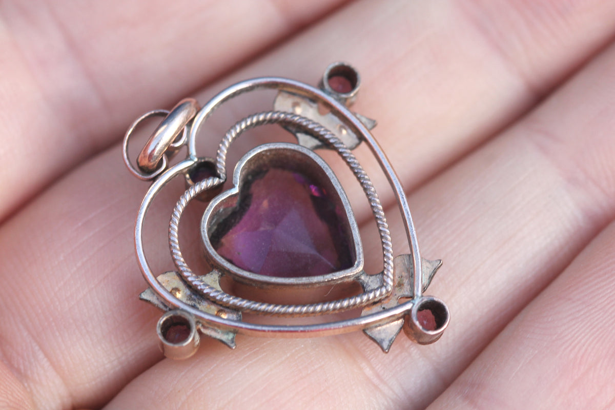 Antique Rolled Gold Purple Paste Heart & Seed Pearl Pendant c.1910 — view 9
