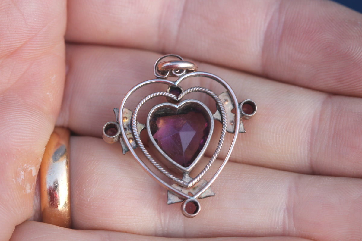 Antique Rolled Gold Purple Paste Heart & Seed Pearl Pendant c.1910 — view 10