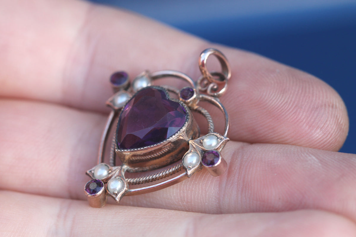 Antique Rolled Gold Purple Paste Heart & Seed Pearl Pendant c.1910 — view 11