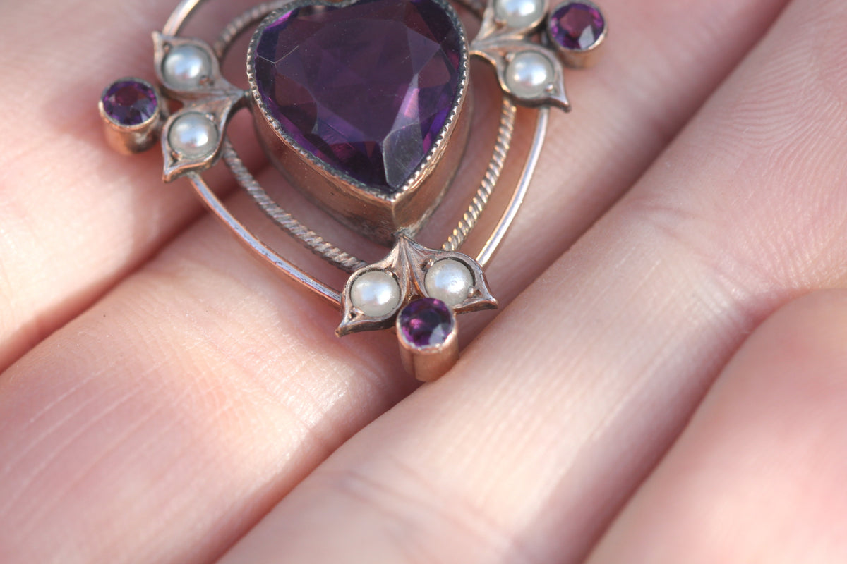 Antique Rolled Gold Purple Paste Heart & Seed Pearl Pendant c.1910 — view 8