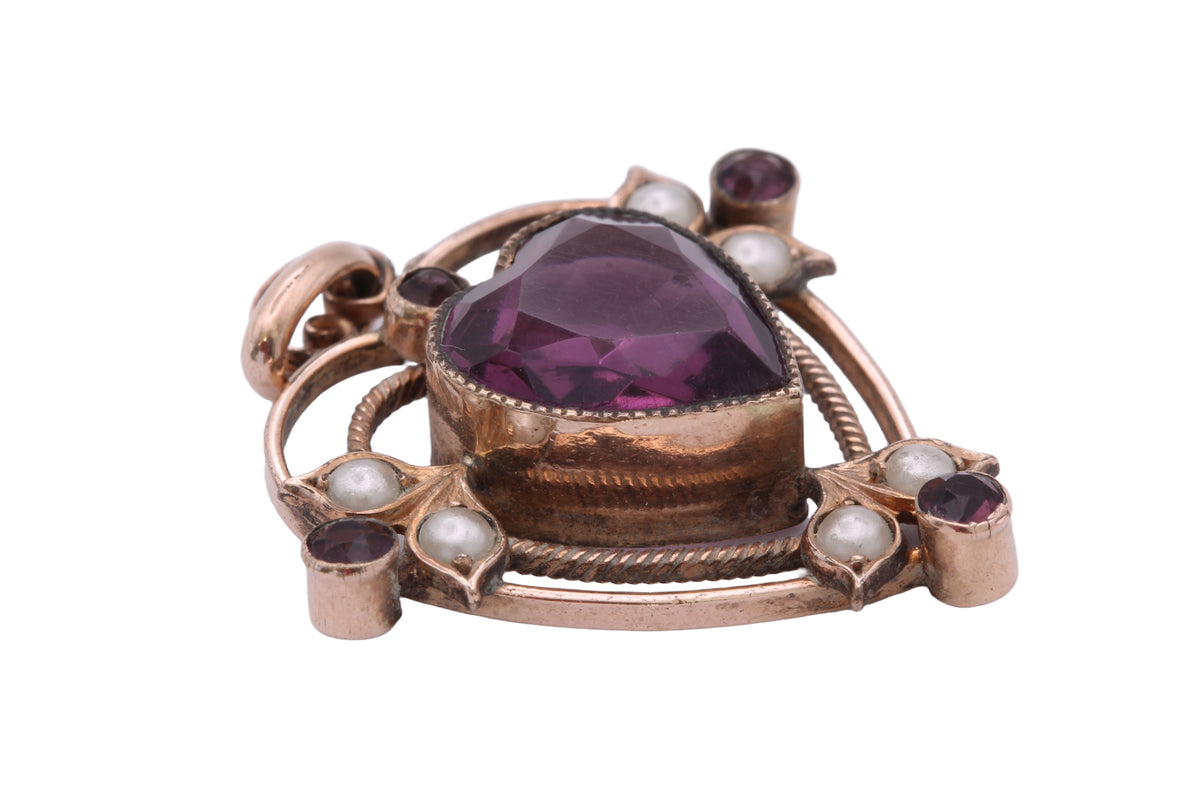 Antique Rolled Gold Purple Paste Heart & Seed Pearl Pendant c.1910 — view 12
