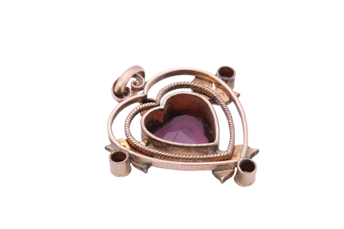 Antique Rolled Gold Purple Paste Heart & Seed Pearl Pendant c.1910 — view 14