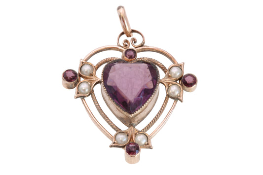 Antique c.1910 rolled gold purple paste heart and seed pearl pendant
