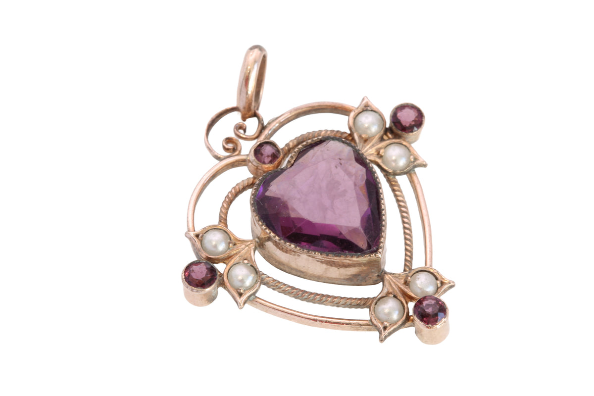 Antique Rolled Gold Purple Paste Heart & Seed Pearl Pendant c.1910 — view 15