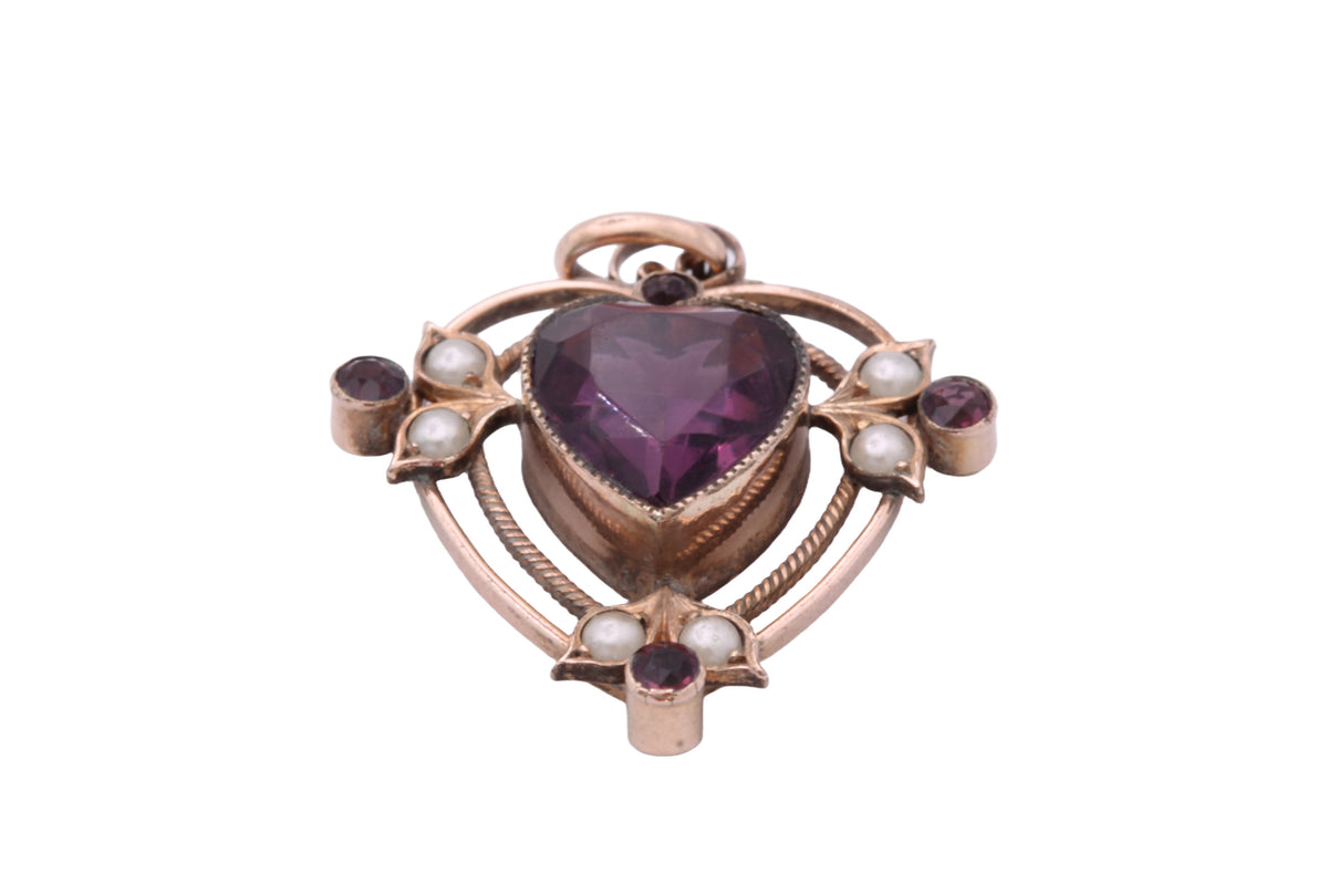 Antique Rolled Gold Purple Paste Heart & Seed Pearl Pendant c.1910 — view 16