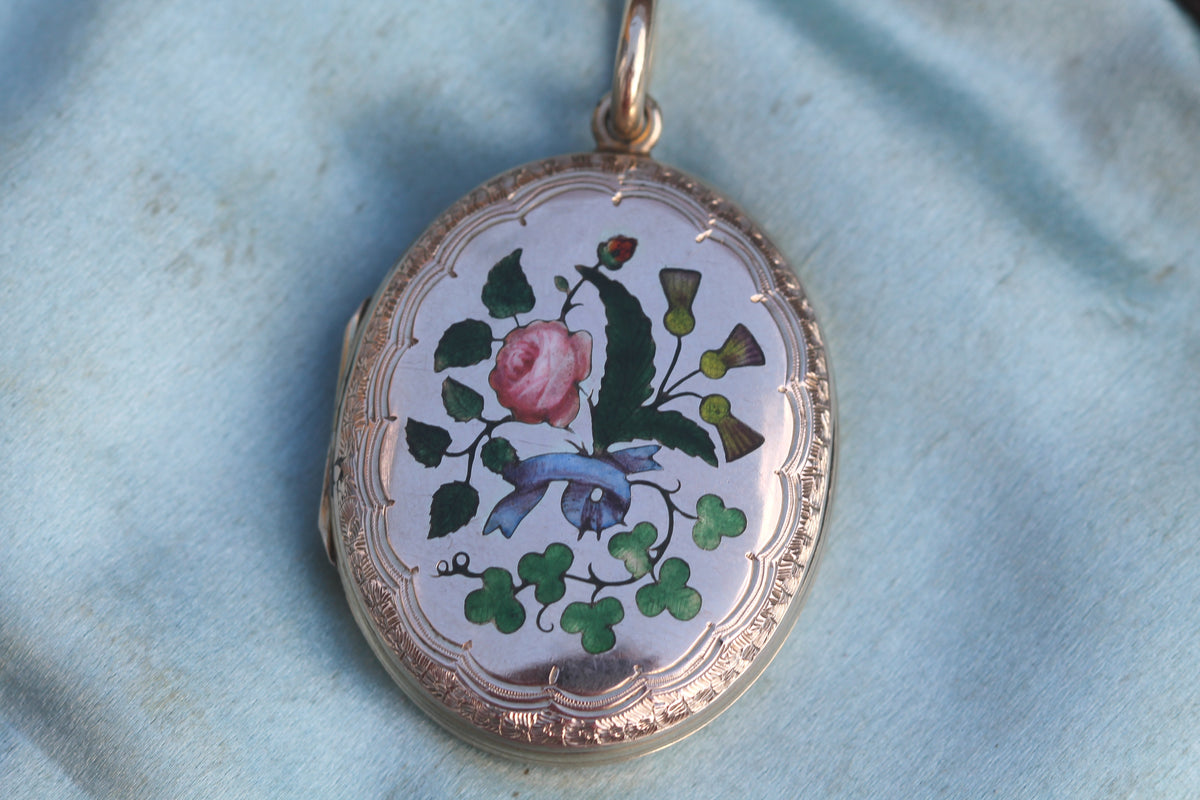 Antique Victorian 9ct Gold Back & Front Enamel Floral Locket | Shamrock Thistle Rose — view 9