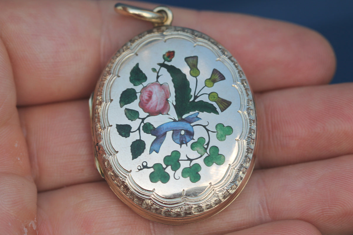 Antique Victorian 9ct Gold Back & Front Enamel Floral Locket | Shamrock Thistle Rose — view 12