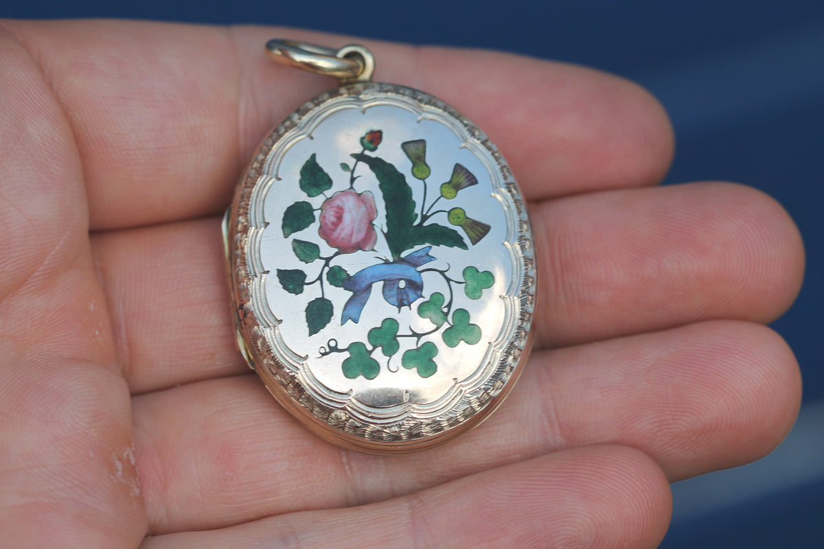 Antique Victorian 9ct Gold Back & Front Enamel Floral Locket | Shamrock Thistle Rose — view 13