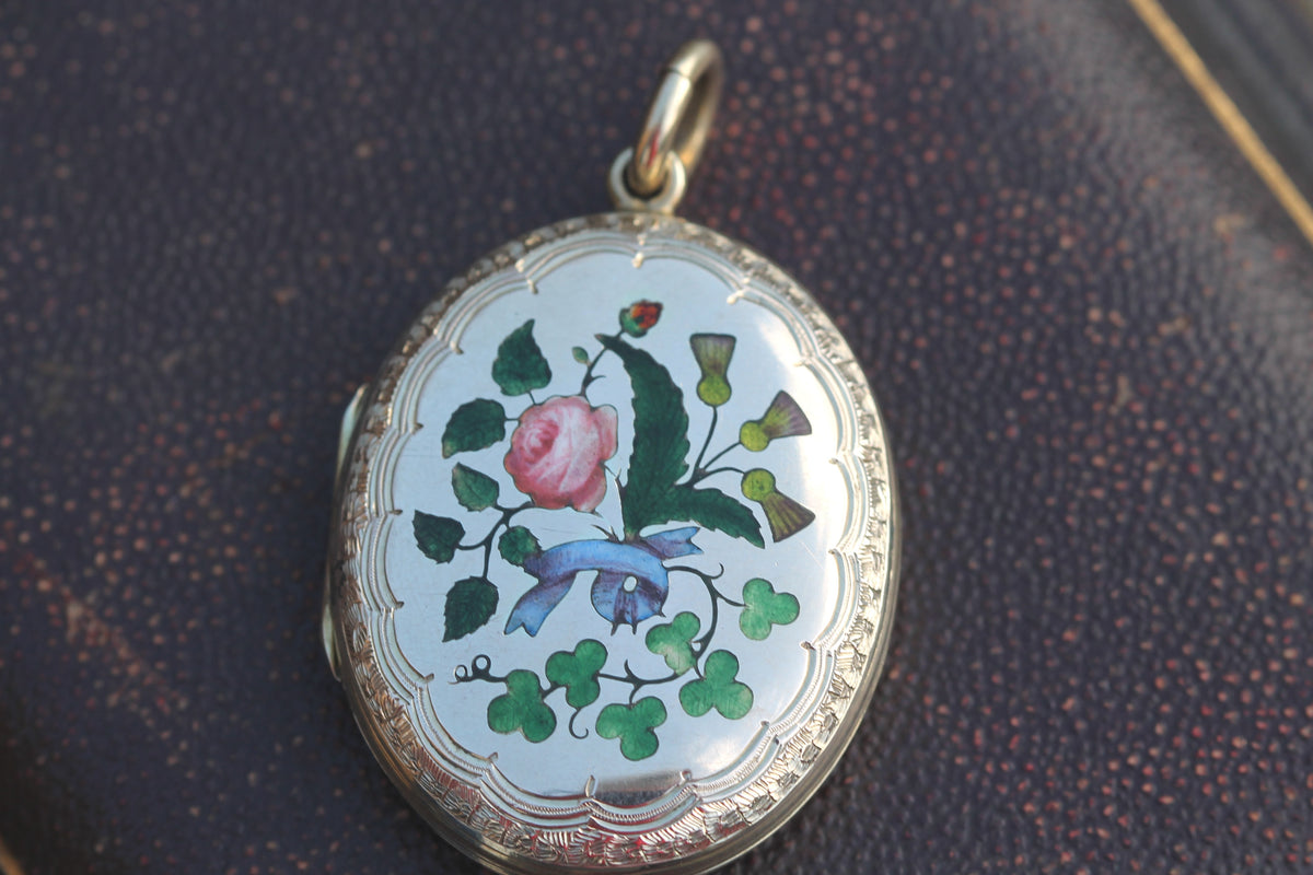 Antique Victorian 9ct Gold Back & Front Enamel Floral Locket | Shamrock Thistle Rose — view 15