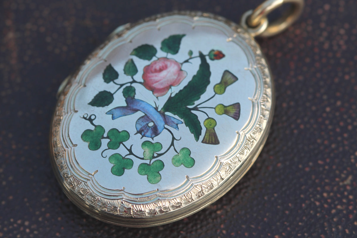 Antique Victorian 9ct Gold Back & Front Enamel Floral Locket | Shamrock Thistle Rose — view 16