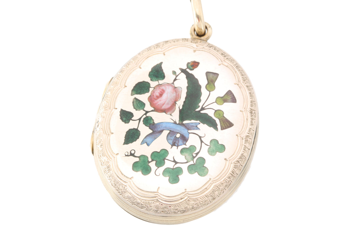 Antique Victorian 9ct gold enamel floral locket with rose shamrock and thistle decoration