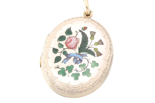 Antique Victorian 9ct gold enamel floral locket with rose shamrock and thistle decoration