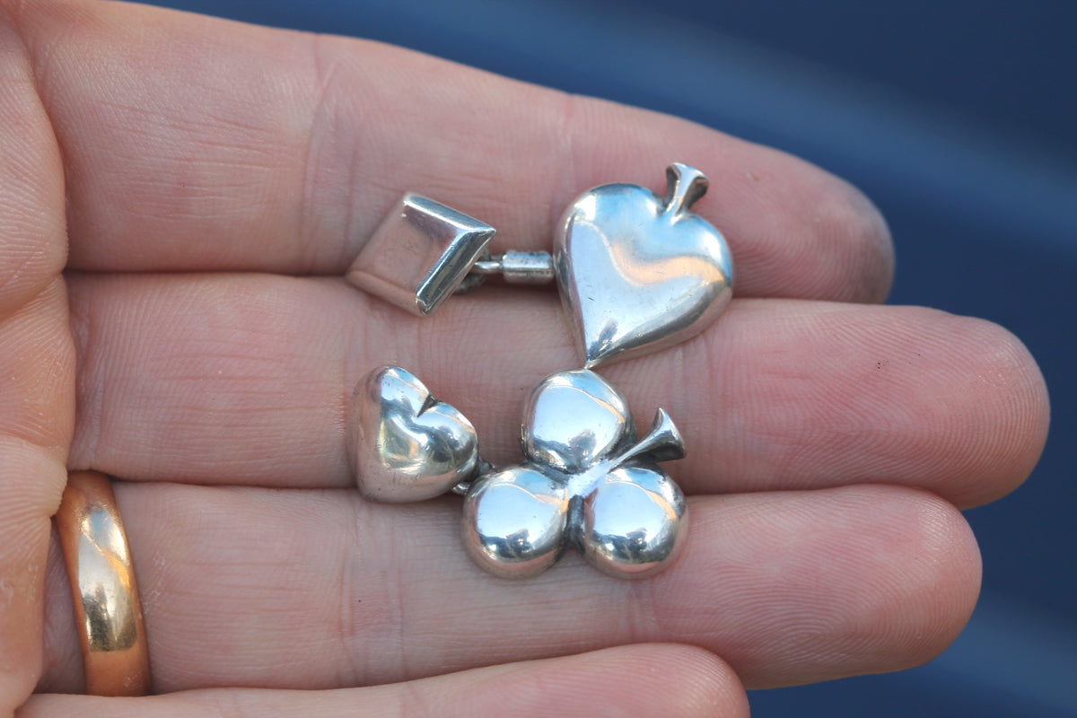 Vintage 1996 Edinburgh silver playing card cufflinks displayed together