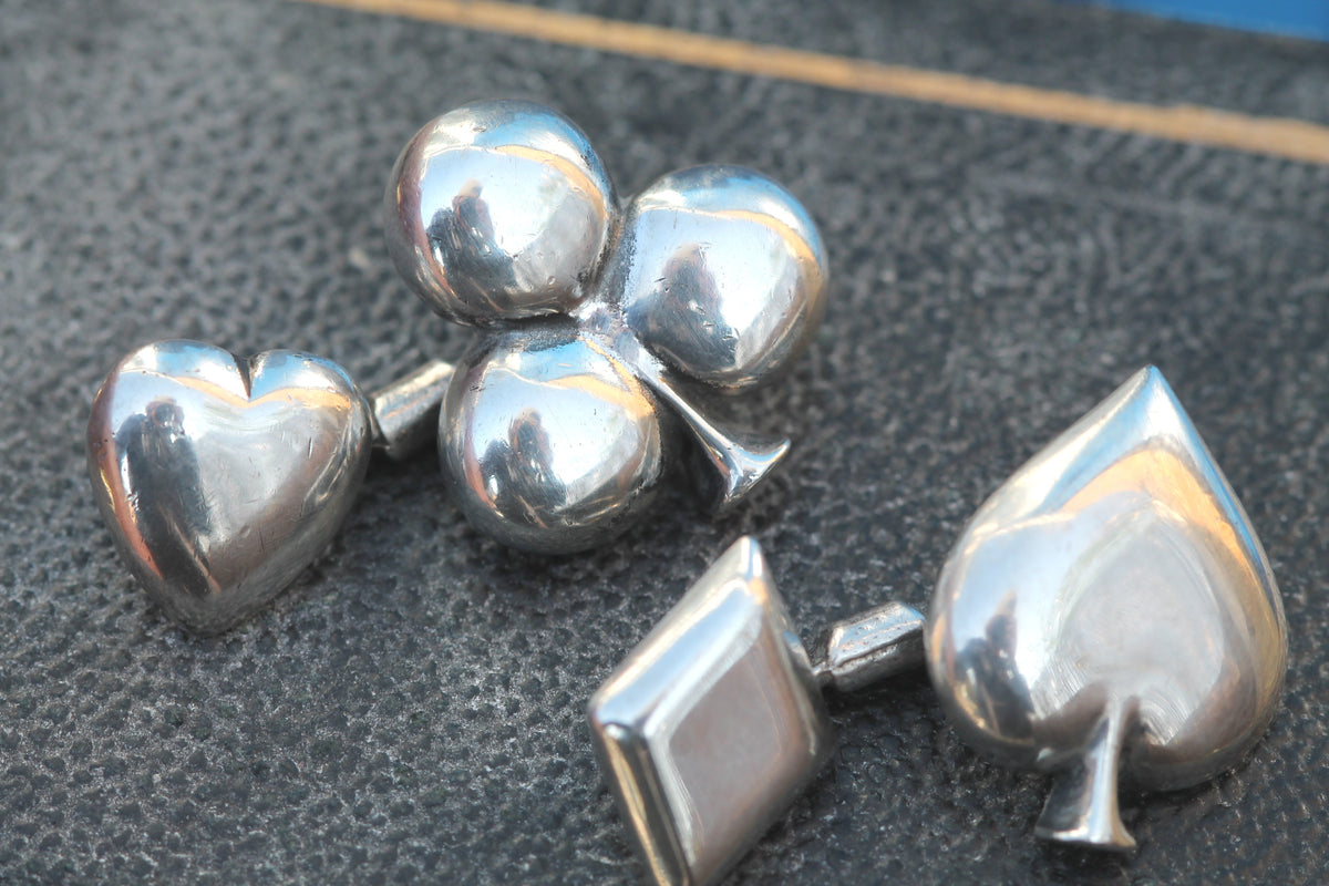 Vintage Sterling Silver Playing Card Suit Cufflinks | Hearts Clubs Spades Diamonds — view 13