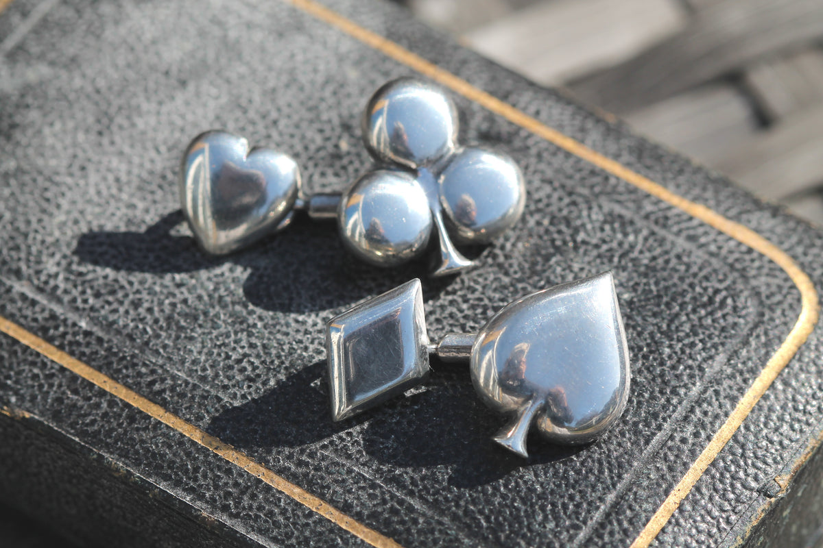 Vintage Sterling Silver Playing Card Suit Cufflinks | Hearts Clubs Spades Diamonds — view 16