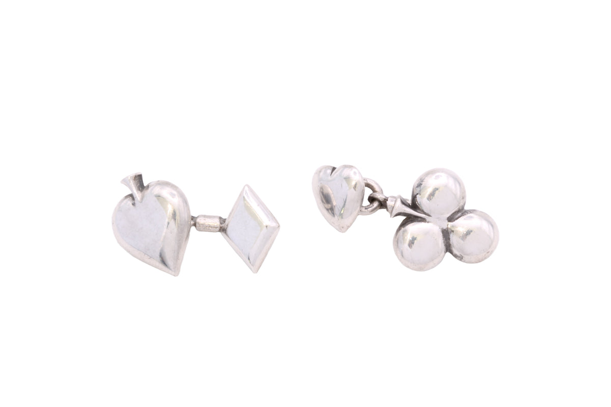Vintage sterling silver playing card suit cufflinks with heart club spade and diamond
