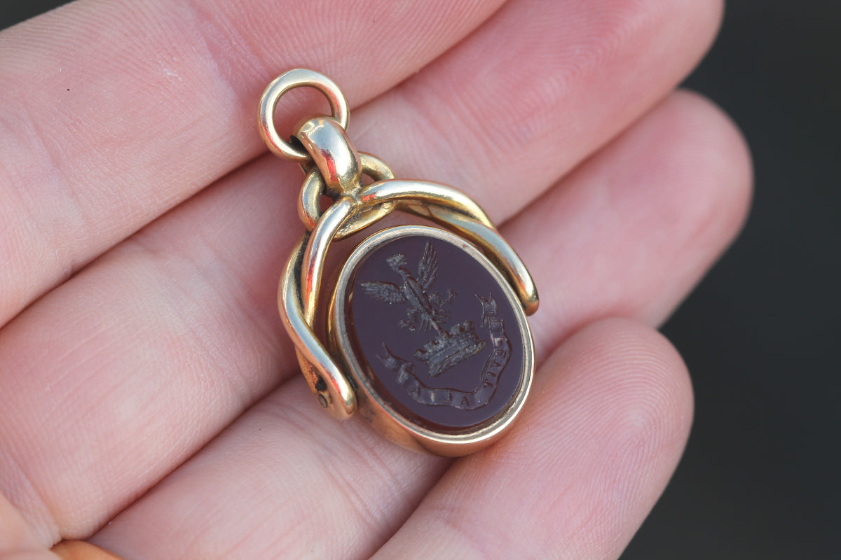 Antique Victorian 18ct Gold Carnelian & Bloodstone Spinner Intaglio Seal 1883 | Petit Alta — view 9