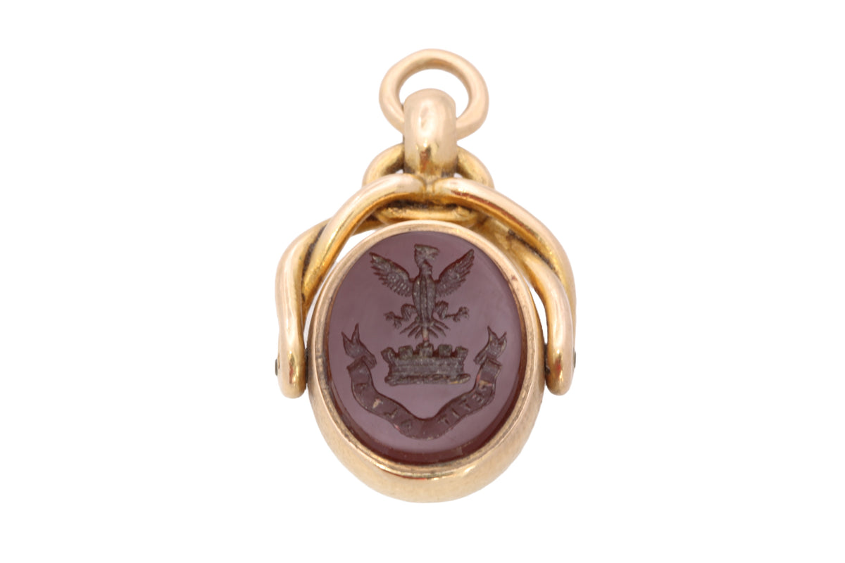 Antique Victorian 18ct gold spinner seal with carnelian Petit Alta phoenix intaglio