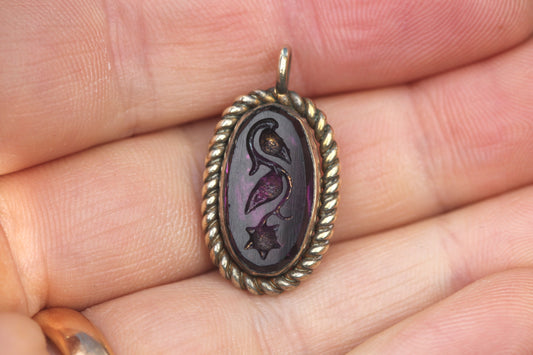 Antique Victorian rolled gold purple glass floral intaglio pendant