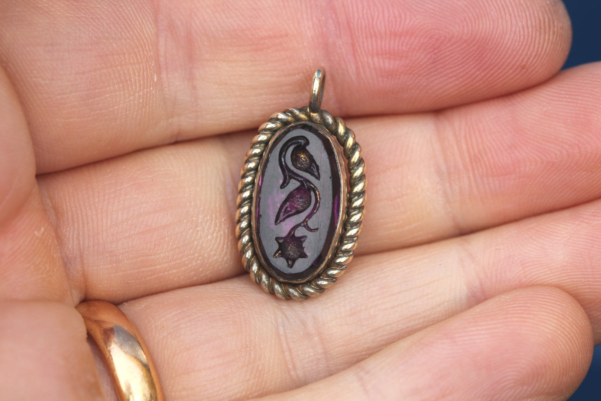 Antique Victorian Rolled Gold Purple Glass Floral Intaglio Pendant c.1890 — view 8
