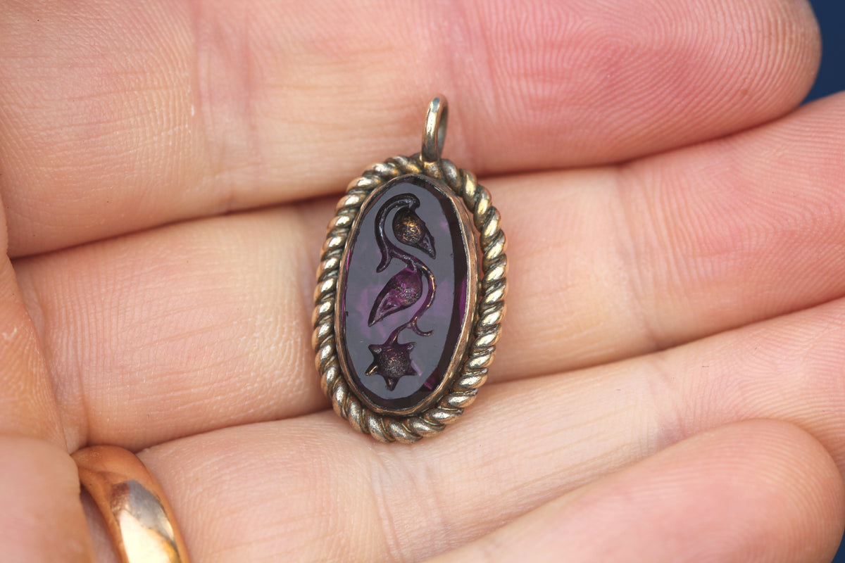 Antique Victorian Rolled Gold Purple Glass Floral Intaglio Pendant c.1890 — view 9