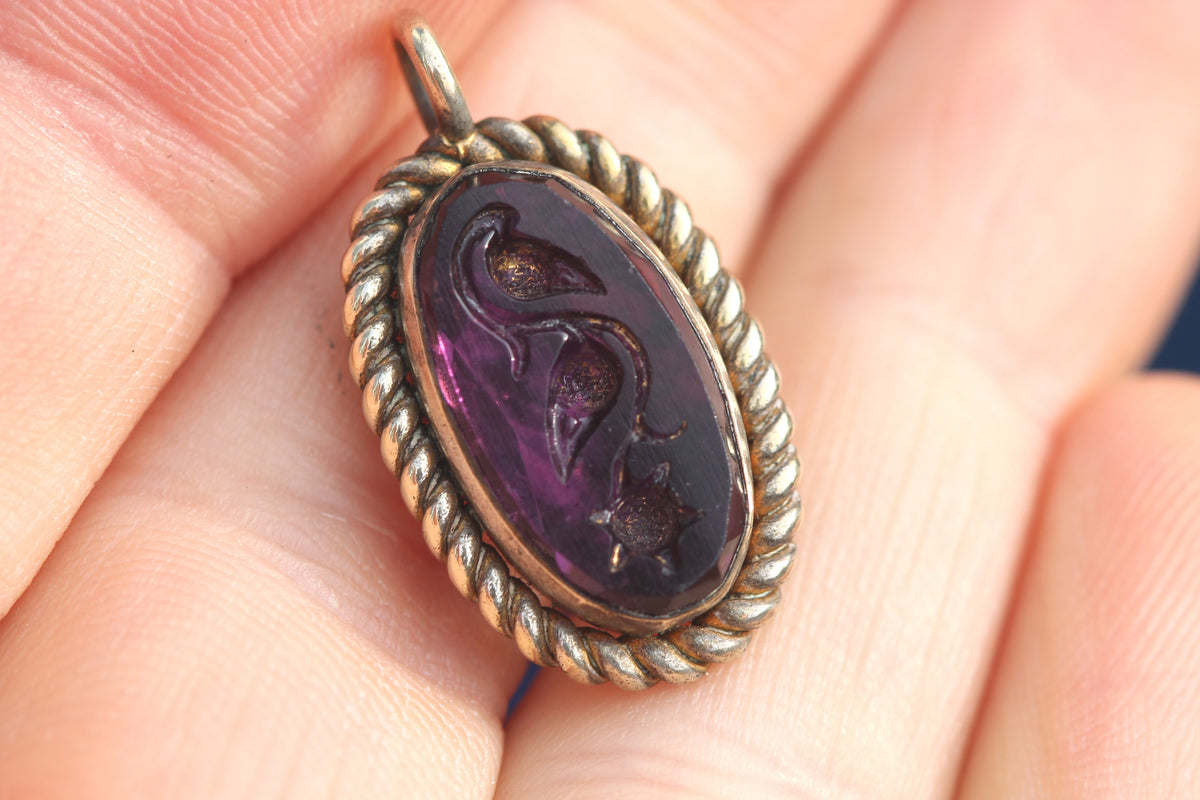 Antique Victorian Rolled Gold Purple Glass Floral Intaglio Pendant c.1890 — view 6