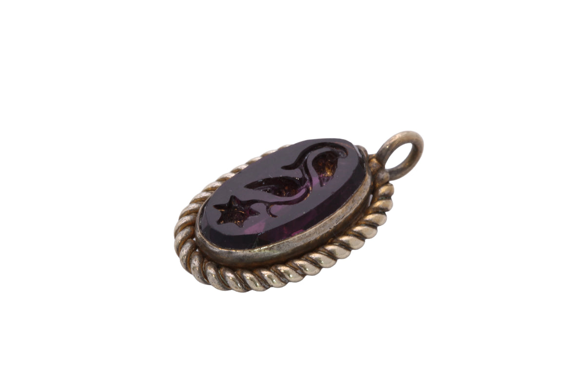 Antique Victorian Rolled Gold Purple Glass Floral Intaglio Pendant c.1890 — view 10