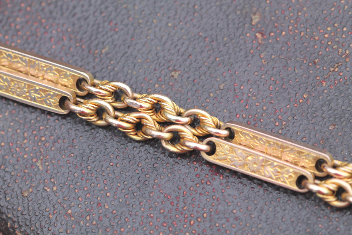 Antique Victorian 9ct Gold Double Albert Watch Chain, Lovers Knot & Floral Links — view 6