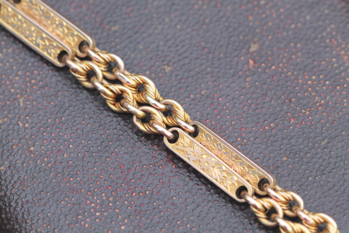 Antique Victorian 9ct Gold Double Albert Watch Chain, Lovers Knot & Floral Links — view 7