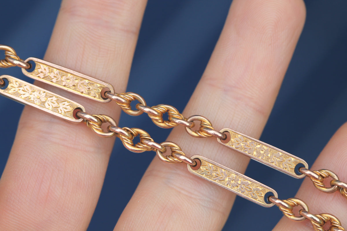 Antique Victorian 9ct Gold Double Albert Watch Chain, Lovers Knot & Floral Links — view 10