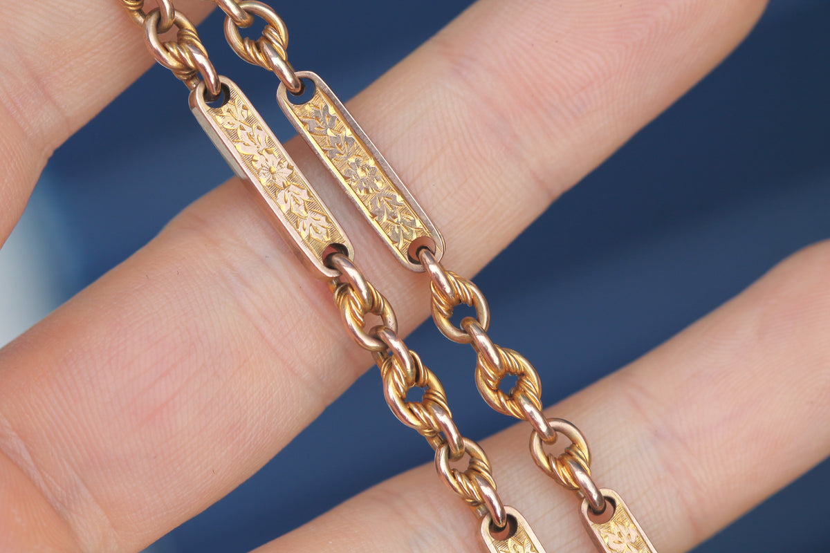 Antique Victorian 9ct Gold Double Albert Watch Chain, Lovers Knot & Floral Links — view 11
