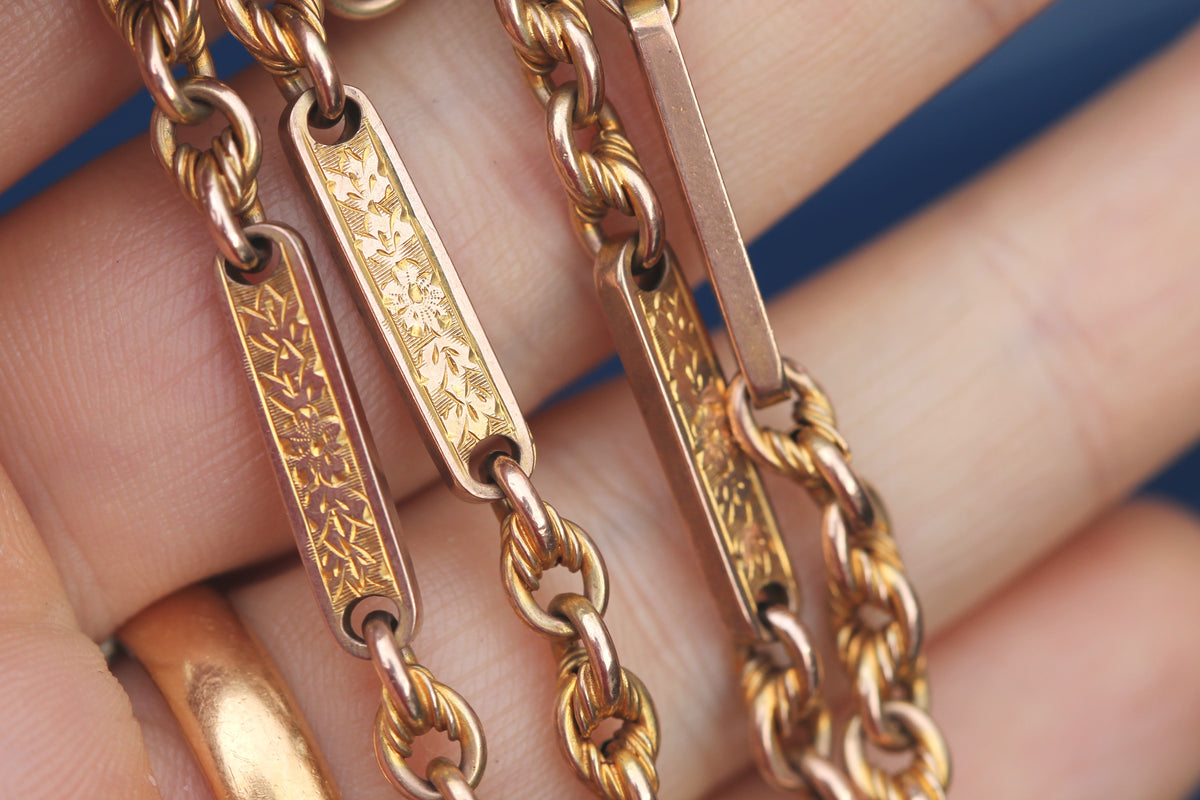Antique Victorian 9ct Gold Double Albert Watch Chain, Lovers Knot & Floral Links — view 12
