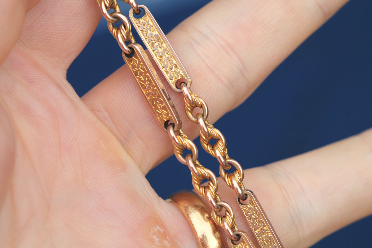 Antique Victorian 9ct Gold Double Albert Watch Chain, Lovers Knot & Floral Links — view 14