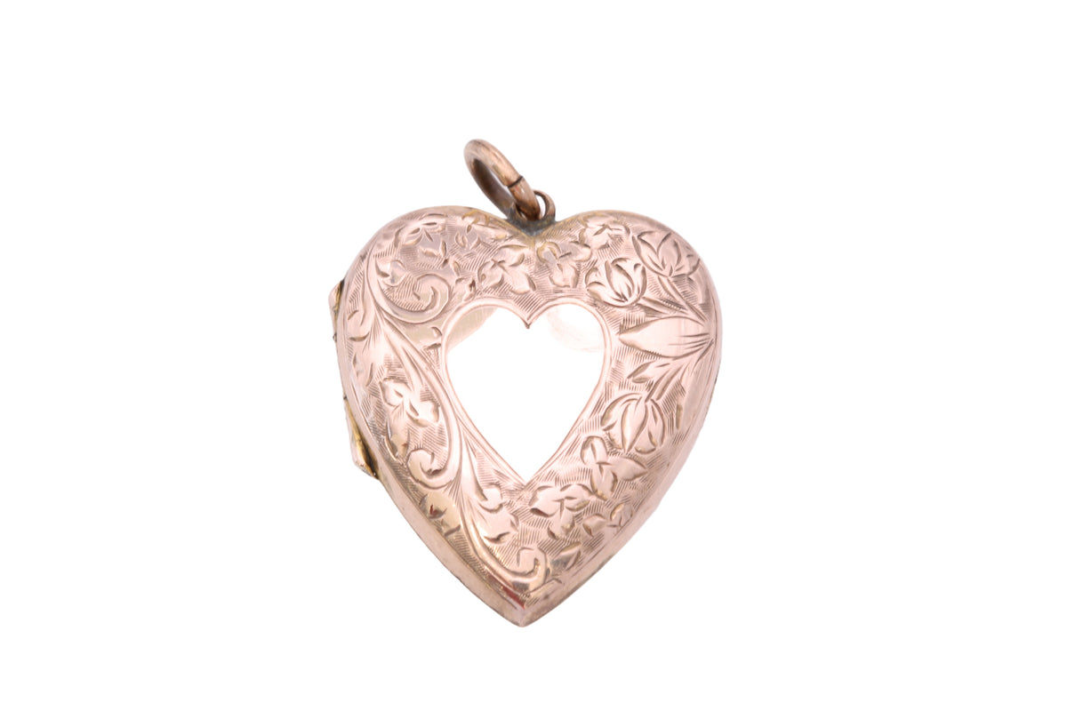 Antique Victorian 9ct rose gold back and front engraved heart locket