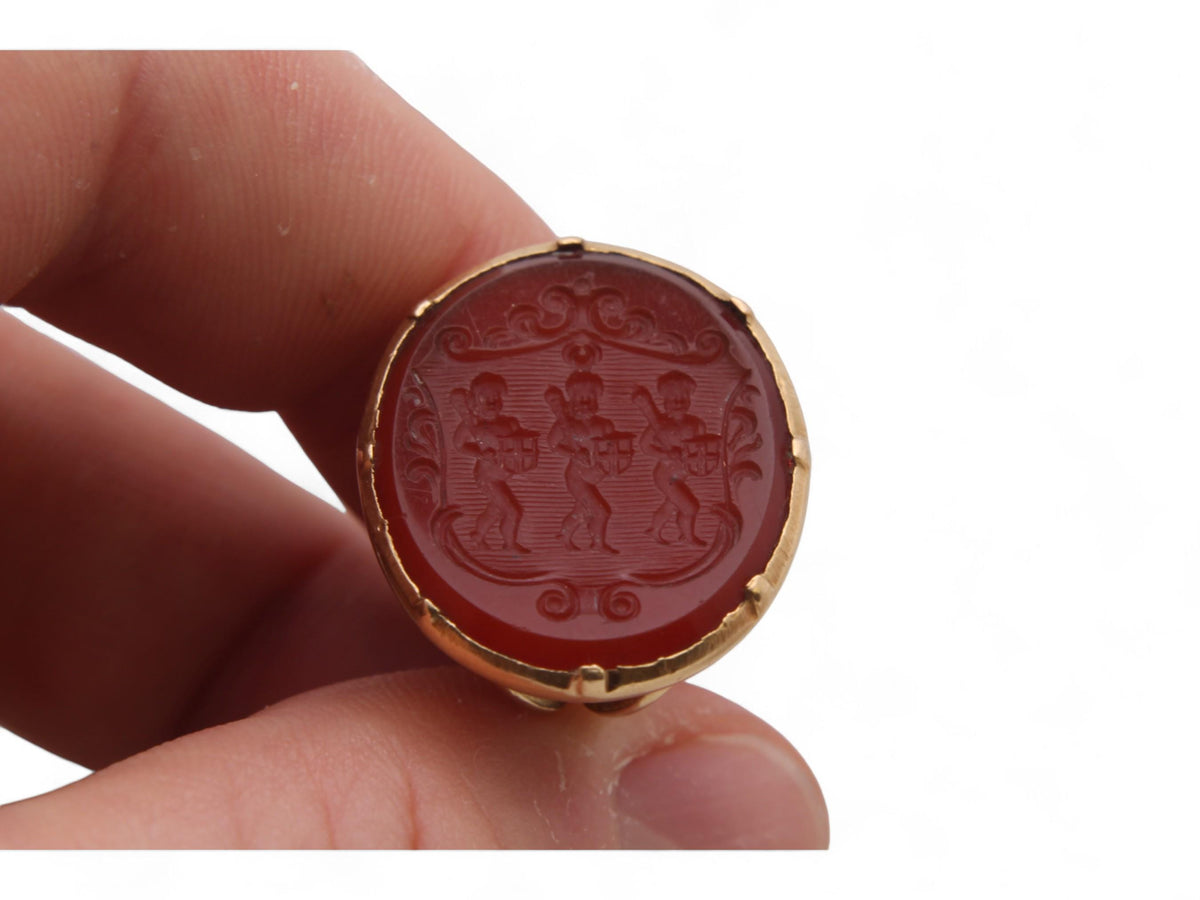 Antique Victorian 18ct gold carnelian intaglio seal with Wood family heraldic design
