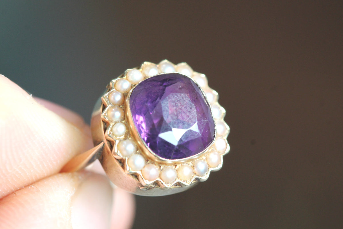 Antique Victorian 9ct Gold Amethyst & Seed Pearl Cluster Ring c.1890 — view 12