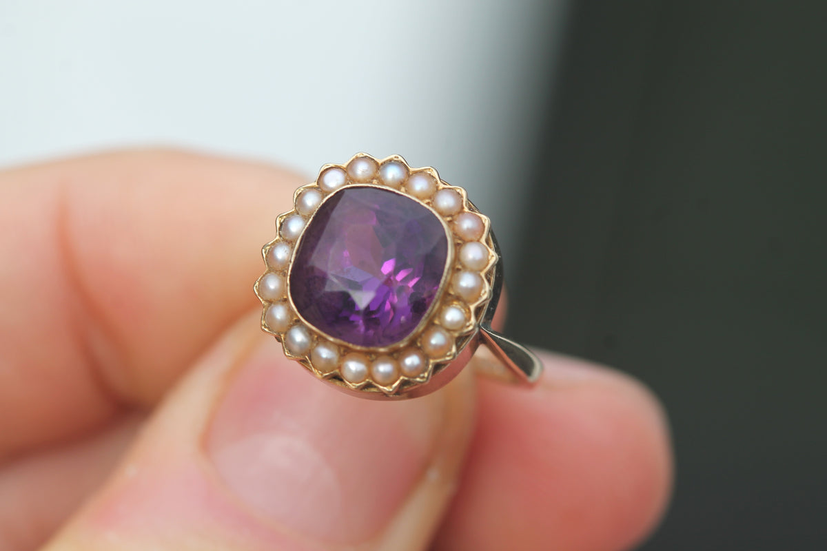 Antique Victorian 9ct Gold Amethyst & Seed Pearl Cluster Ring c.1890 — view 10