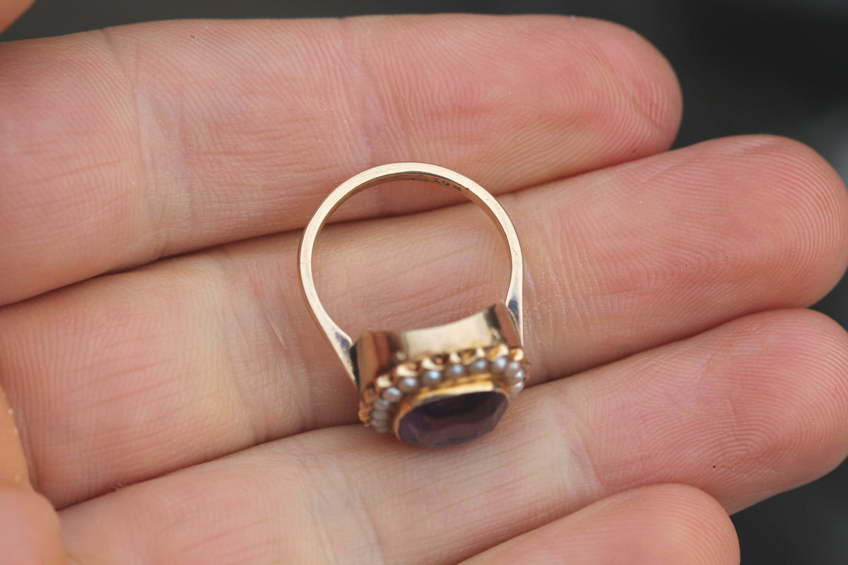 Antique Victorian 9ct Gold Amethyst & Seed Pearl Cluster Ring c.1890 — view 11