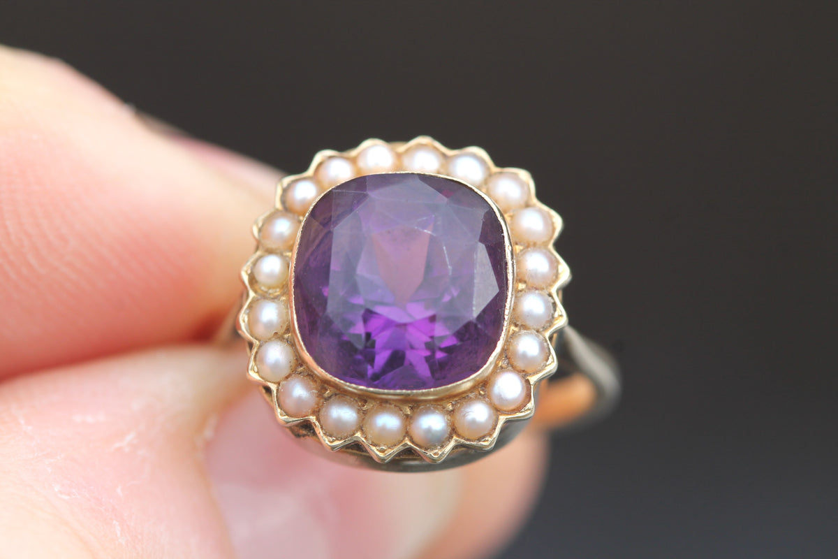 Antique Victorian 9ct gold amethyst and seed pearl cluster ring