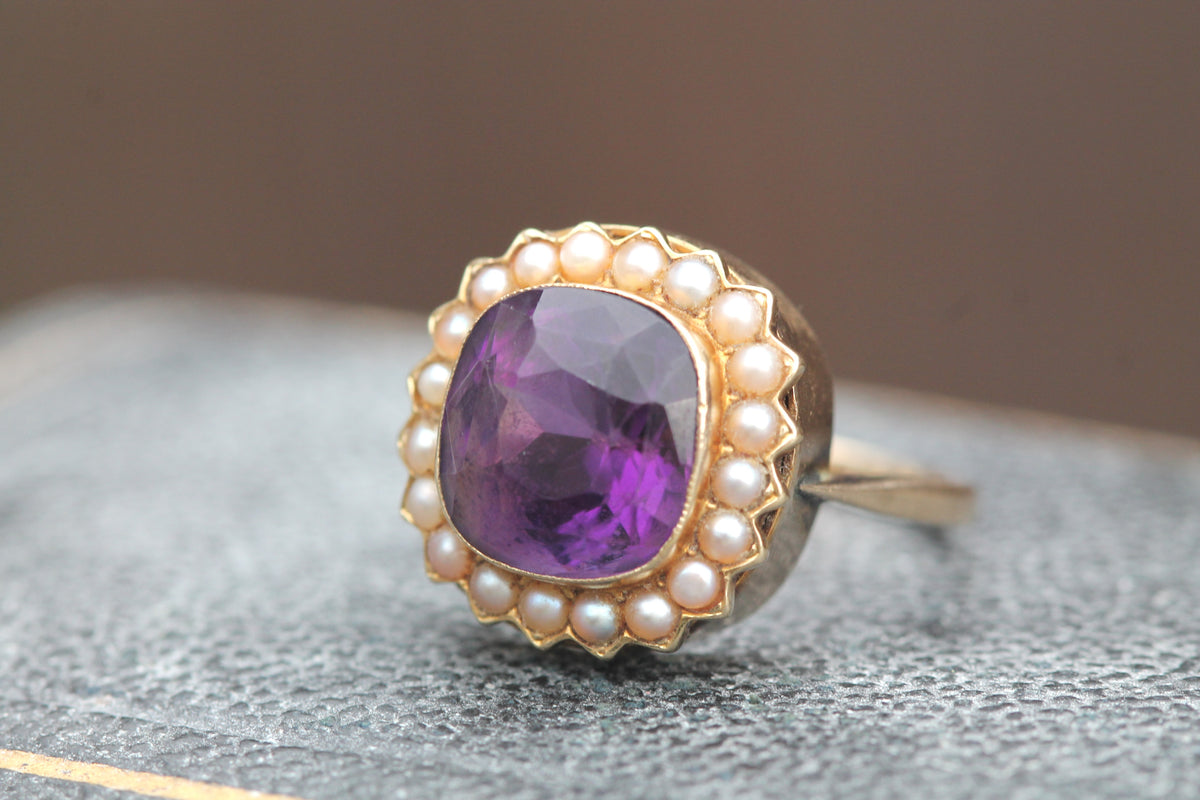 Antique Victorian 9ct Gold Amethyst & Seed Pearl Cluster Ring c.1890 — view 14