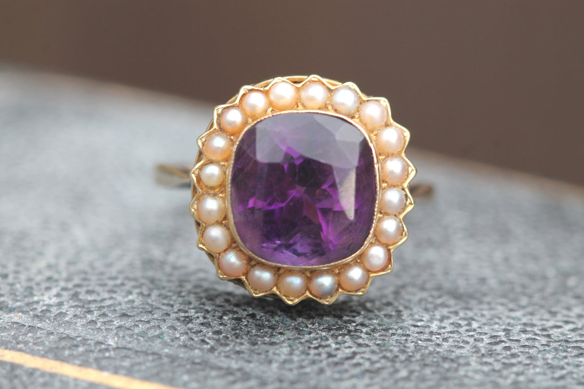 Antique Victorian 9ct Gold Amethyst & Seed Pearl Cluster Ring c.1890 — view 15